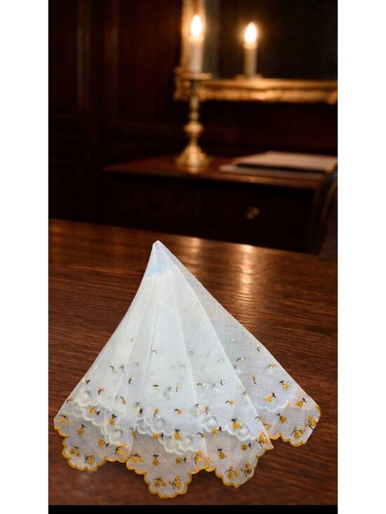 unbranded Accessories - Vintage White Sheer Handkerchief With Yellow & White Embroidery Scalloped Edges